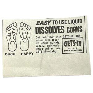 Mini Vintage Print Ad Gets It Liquid Corn Remover Foot Pain 1960s Dissolves